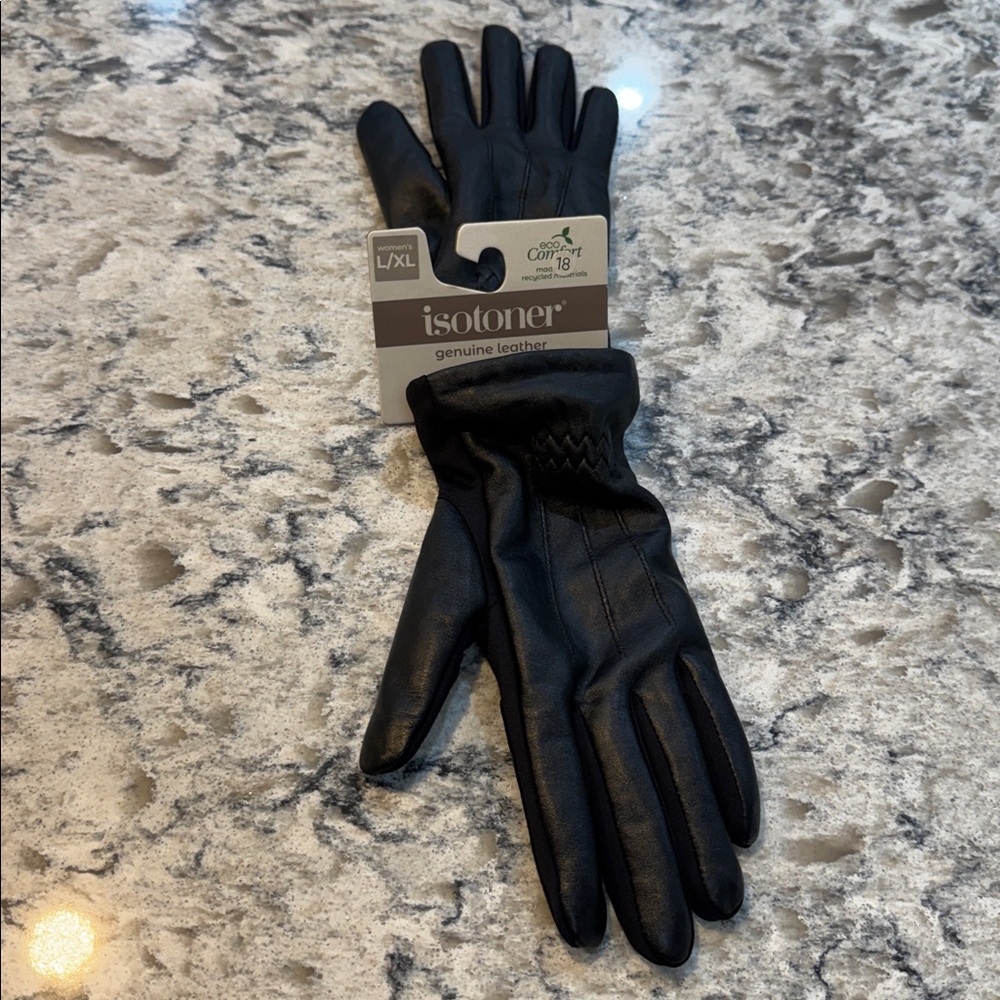 Isotoner Genuine Leather Touchscreen Gloves Black L/XL Warm Lined NWT - Picture 7 of 9